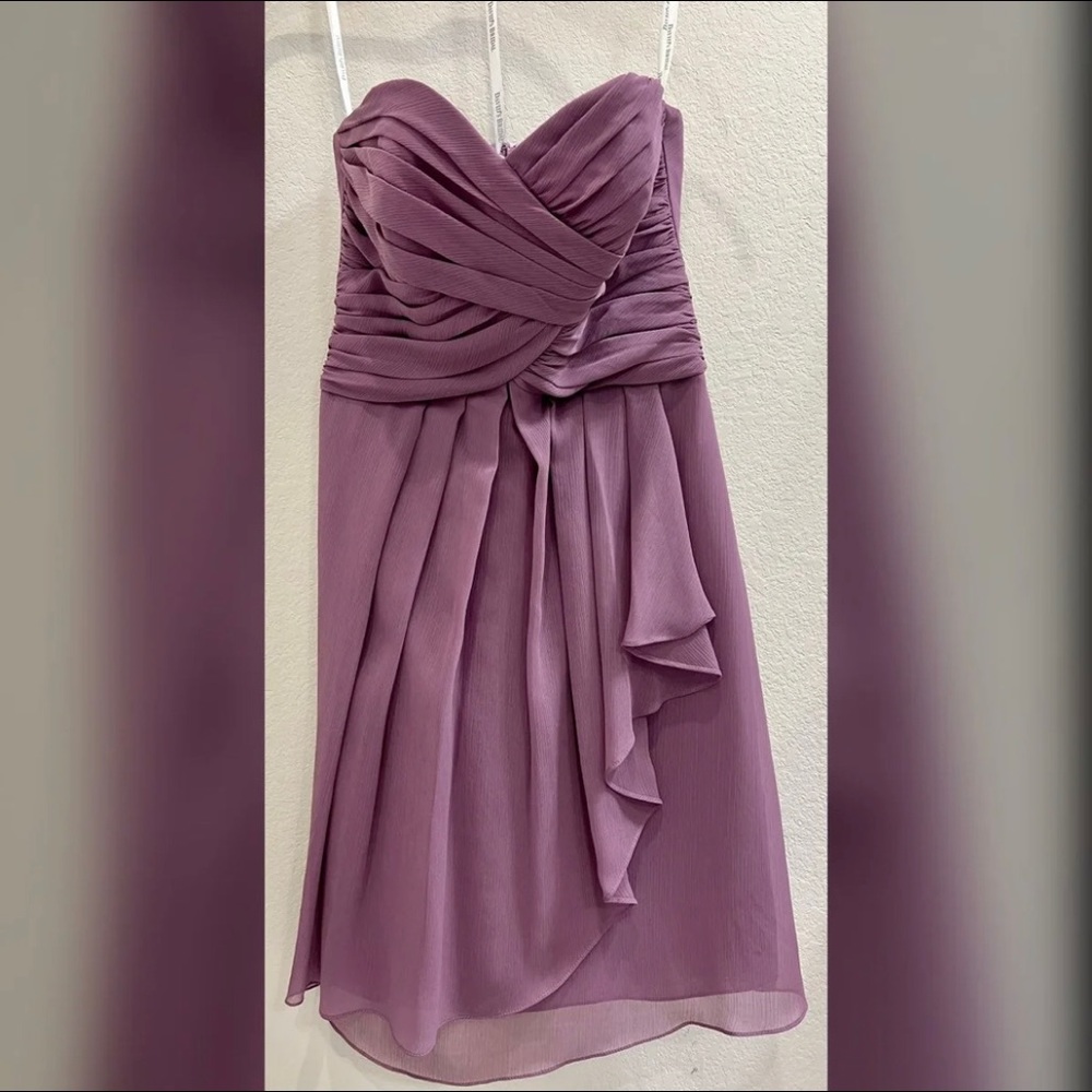 David's Bridal Short Crinkle Chiffon Dress with Front Cascade Size 2 in Lavender